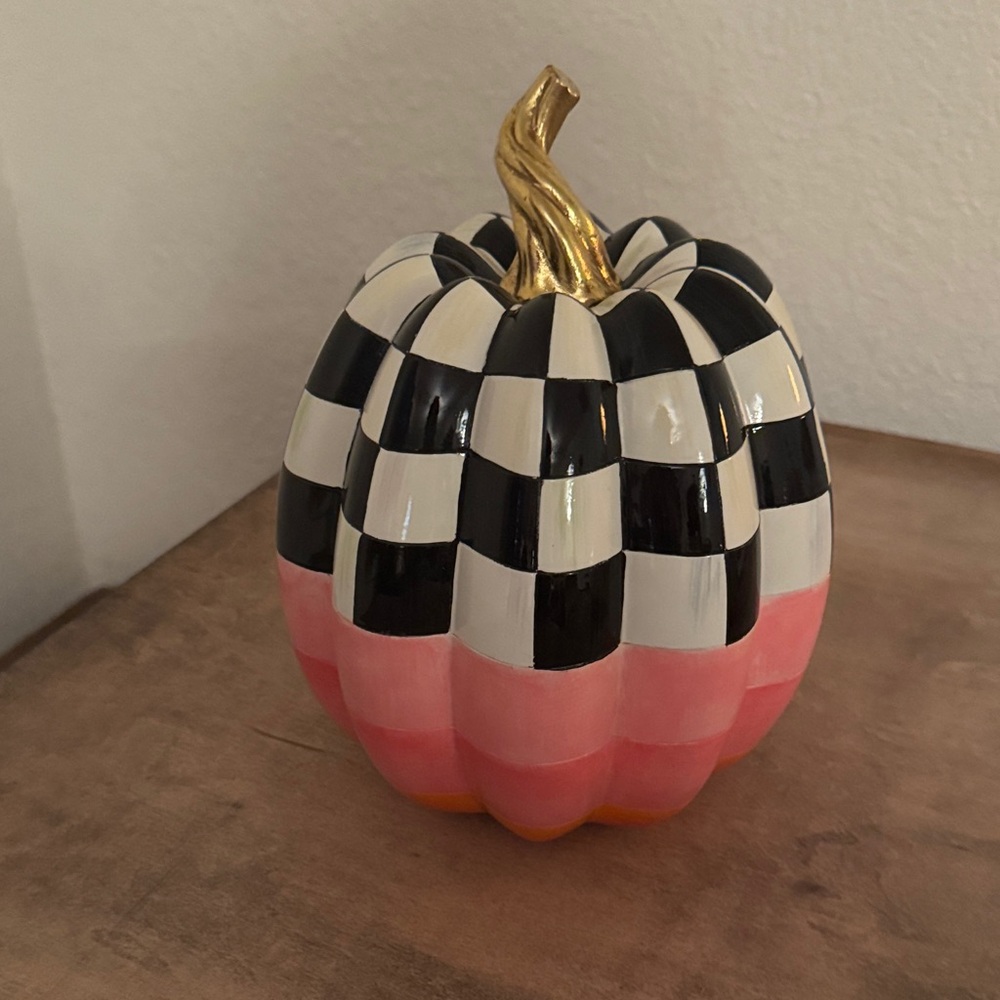 MacKenzie-Childs Black and White Checkered Pumpkin with Pink and Gold Accents